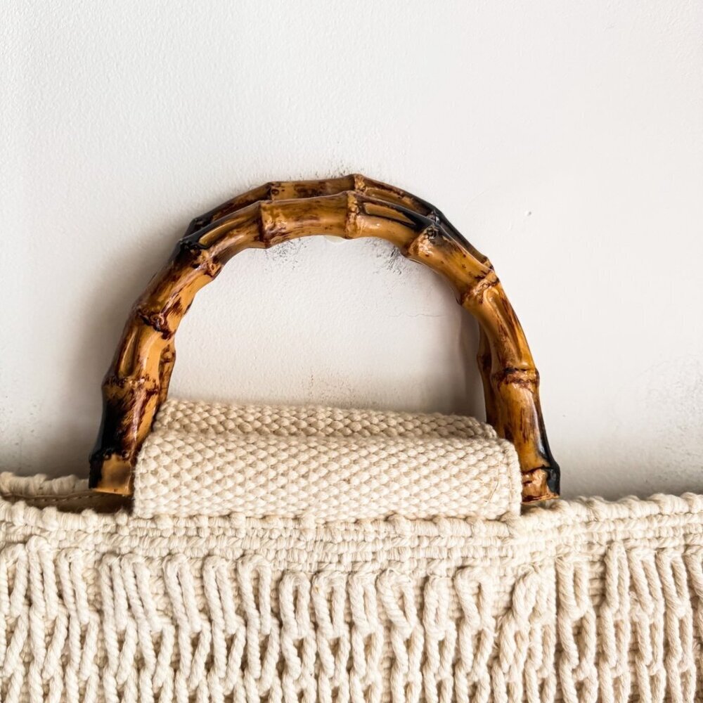Zara Ivory Cream Crochet Woven Faux Bamboo Handle Tote Bag - Picture 4 of 7